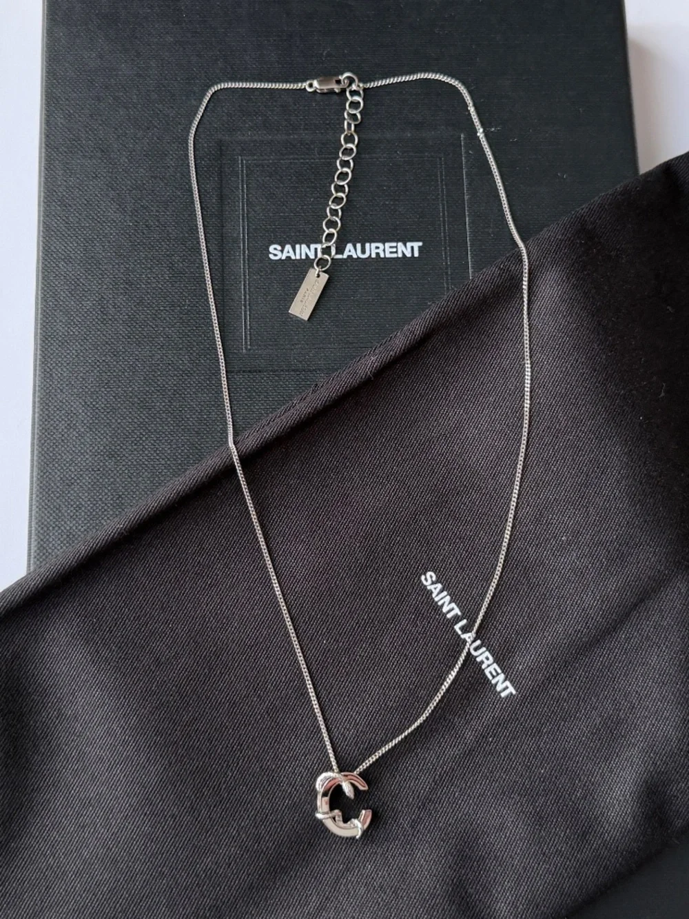 Saint Laurent YSL Sterling Silver C Initial Letter Snake Pendant Chain Necklace